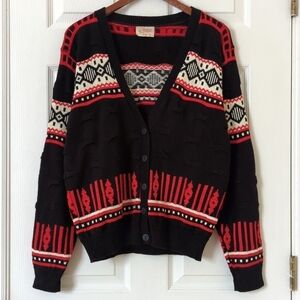 Beldoch Popper 80's Vintage Fair Isle & Pinched Knit Cardigan Sweater Black L